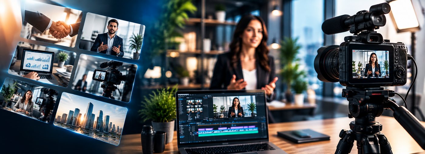 Business video production with a presenter, camera and editing suite