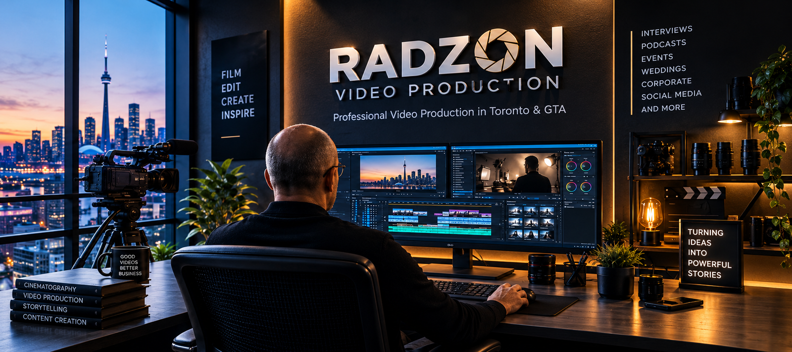 Video editor working at a full editing desk with production monitors and the Toronto skyline in the background
