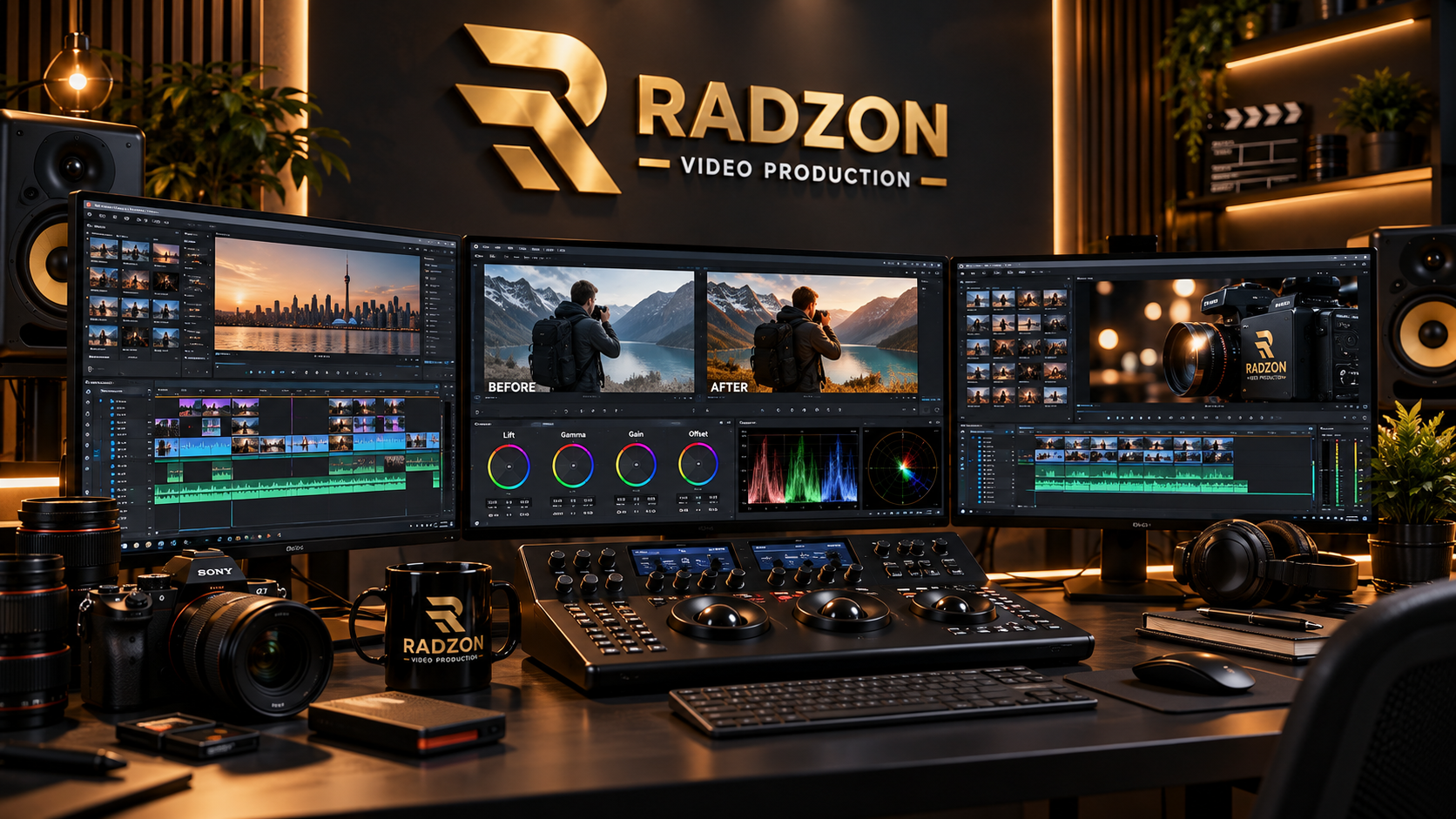 Radzon editing studio with three production monitors